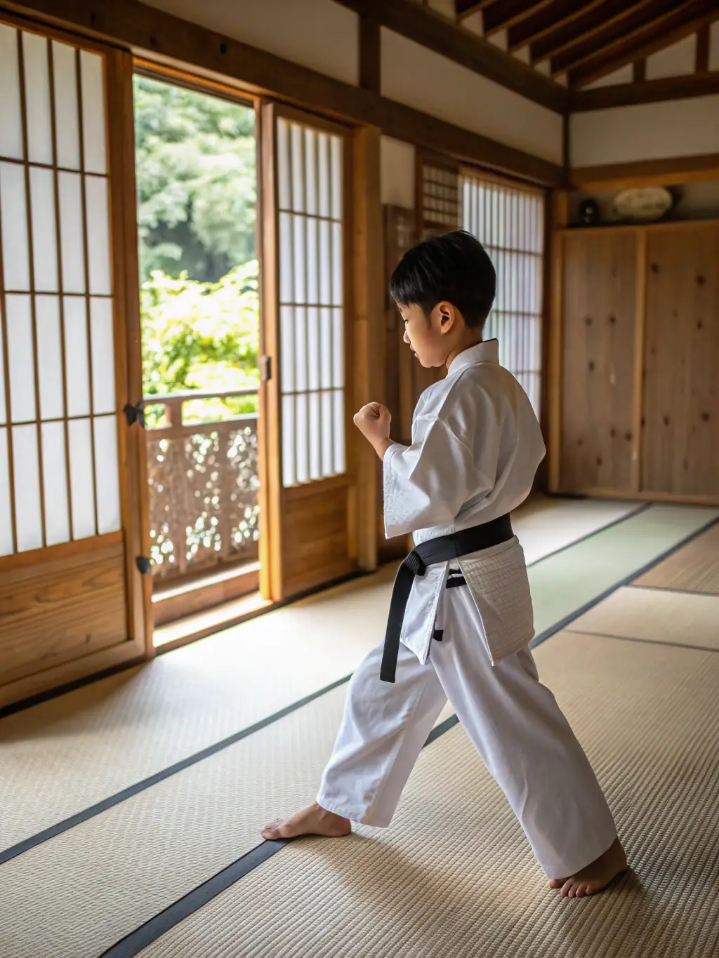 A young karate student in a white gi, confidently executing a front kick during a beginner's class at Karate Club de Briançon, with an instructor closely supervising.