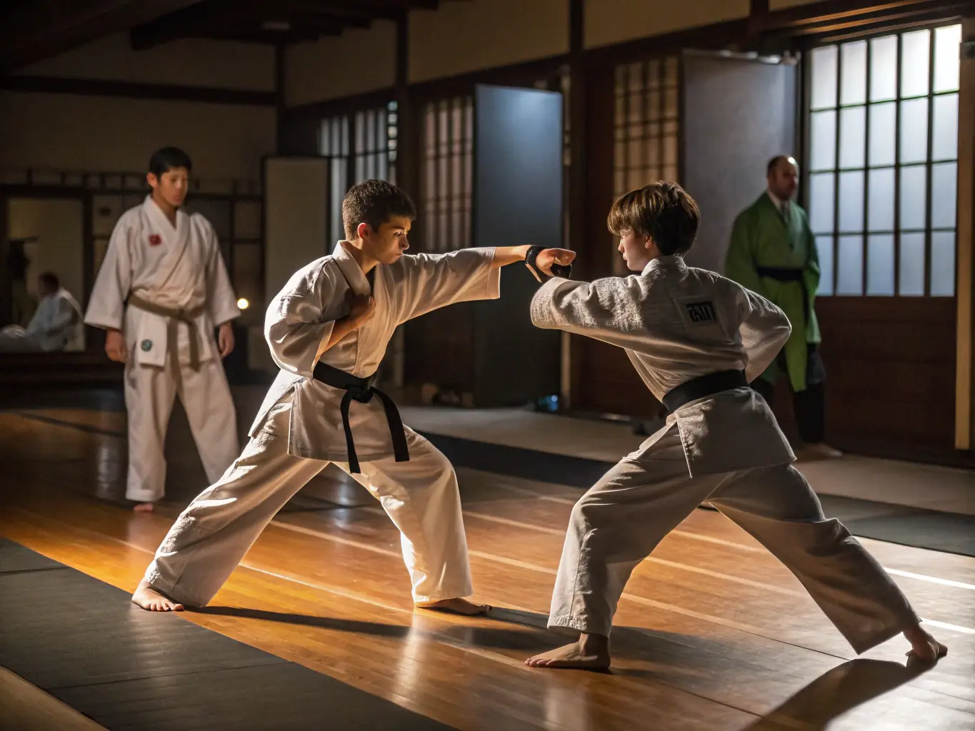 A dynamic shot of a karate class in session, with students of varying ages and skill levels practicing stances and forms under the guidance of an instructor in a traditional dojo setting.