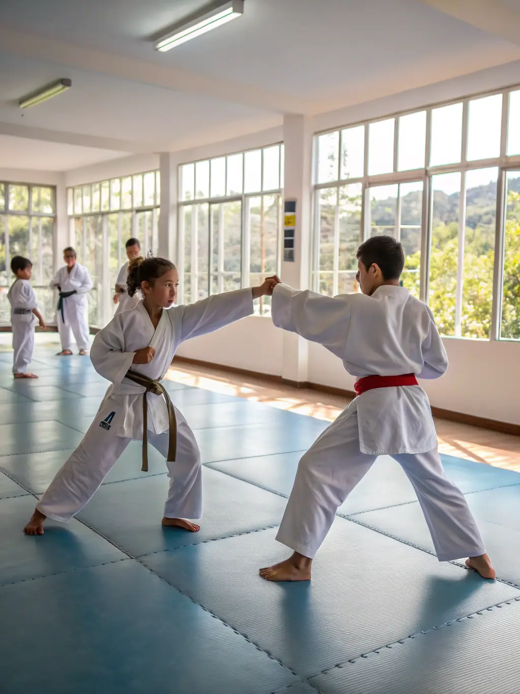 A group of intermediate karate students practicing sparring techniques under the guidance of a senior instructor at Karate Club de Briançon.
