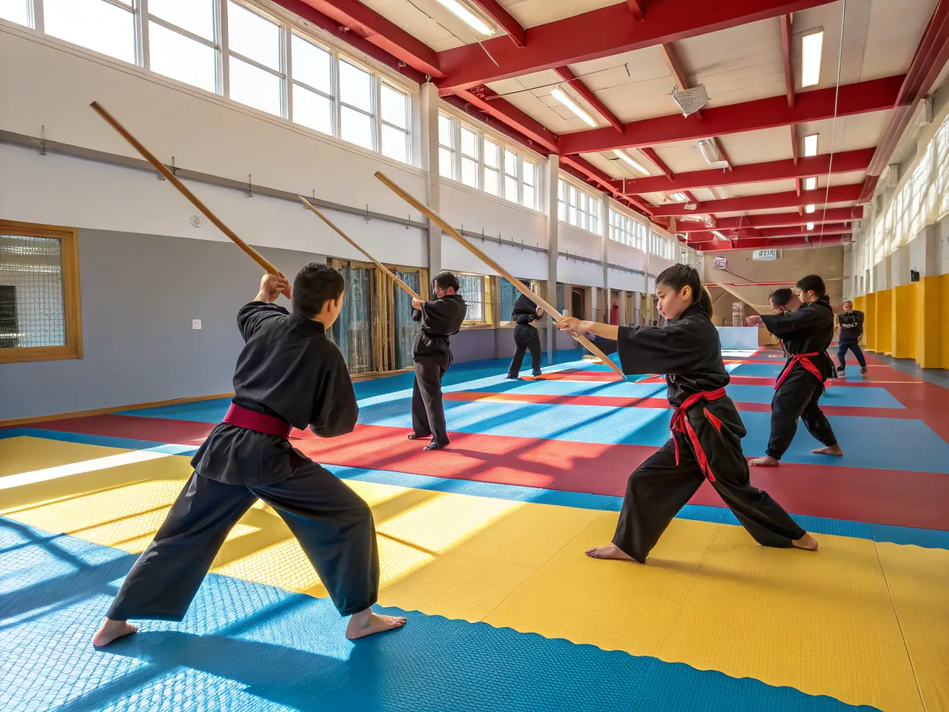A group of karate students participating in a kata demonstration, showcasing their synchronized movements and the beauty of traditional karate forms during a club event.