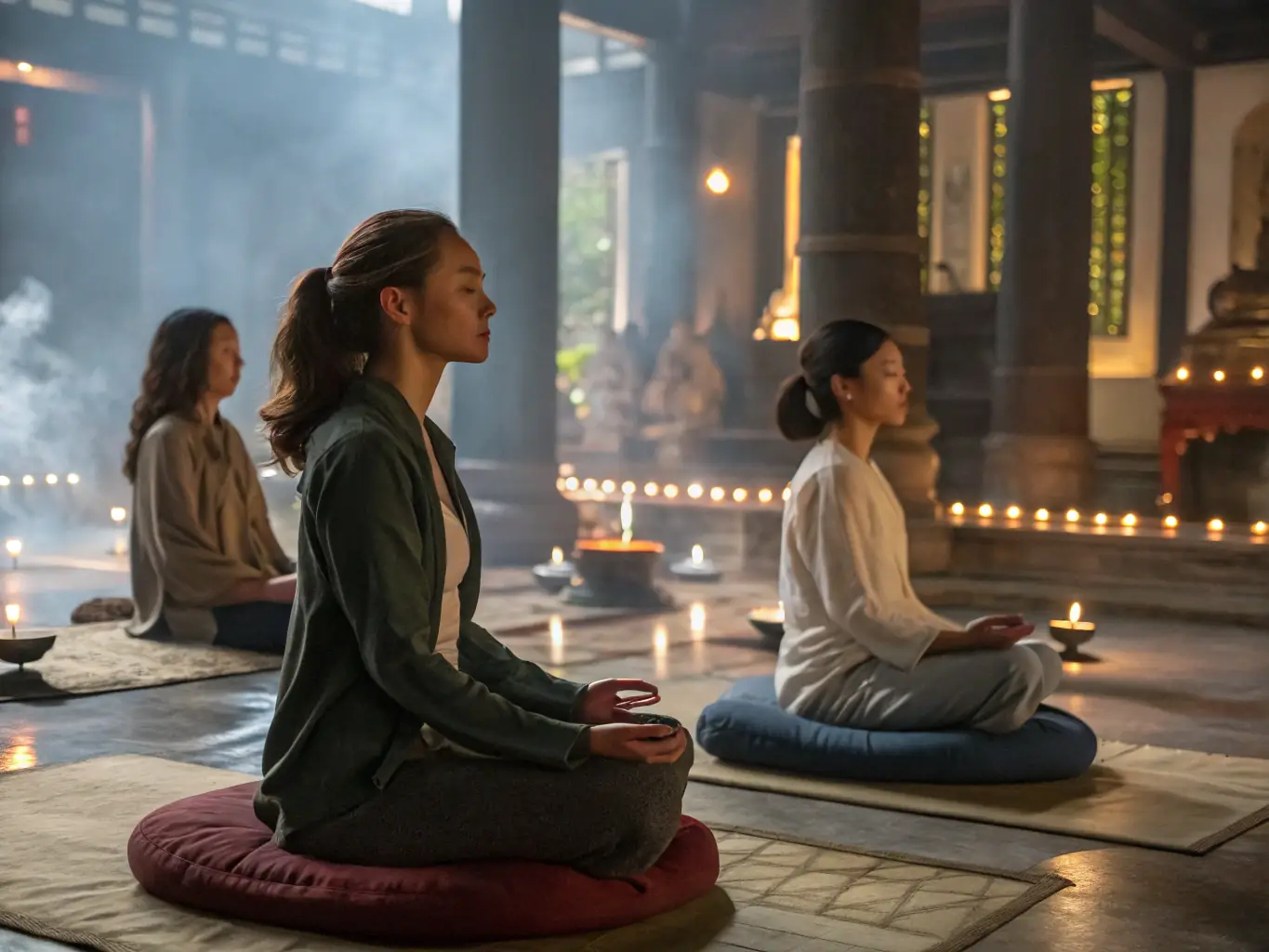 A KCB instructor is leading a meditation and mindfulness exercise with students, emphasizing the importance of mental discipline and focus in karate training.