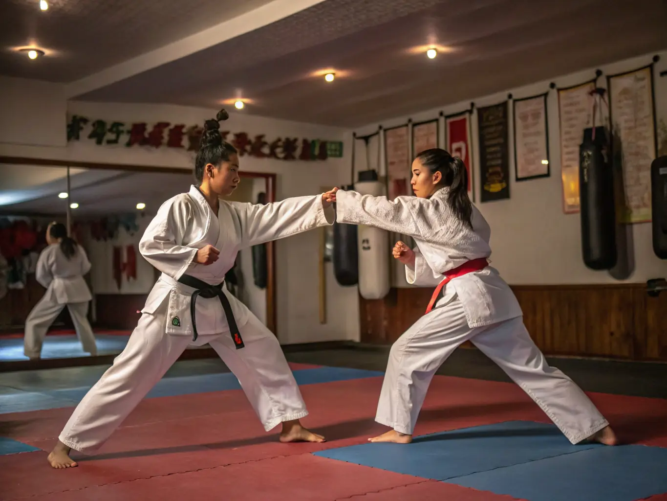 A focused image of advanced karate students engaged in sparring, demonstrating agility, precision, and control in their movements during a training session.
