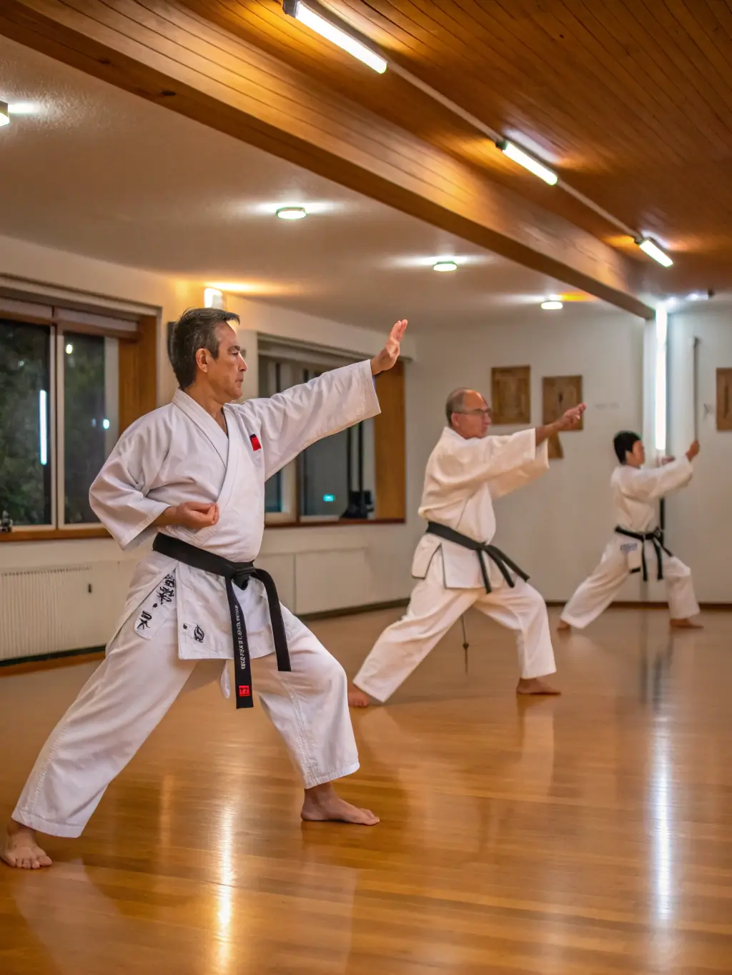 An advanced karate student demonstrating a complex kata with precision and power during a demonstration at Karate Club de Briançon.