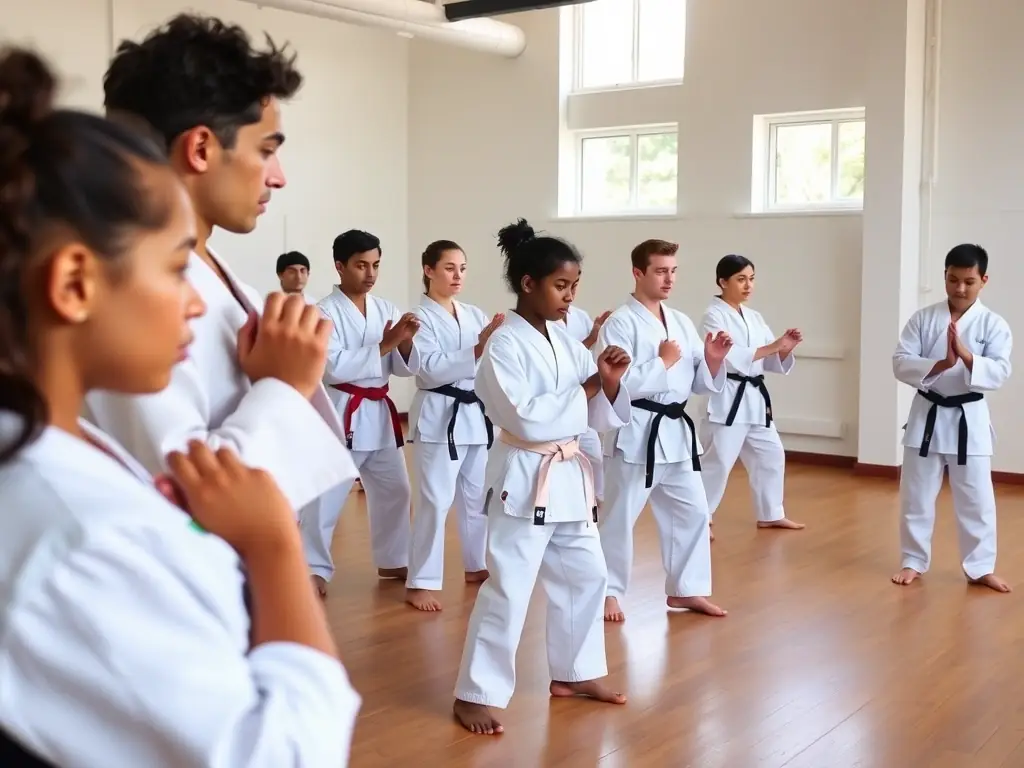 A diverse group of KCB members of varying ages and skill levels are participating in a karate training session, demonstrating focus and determination under the guidance of an instructor.